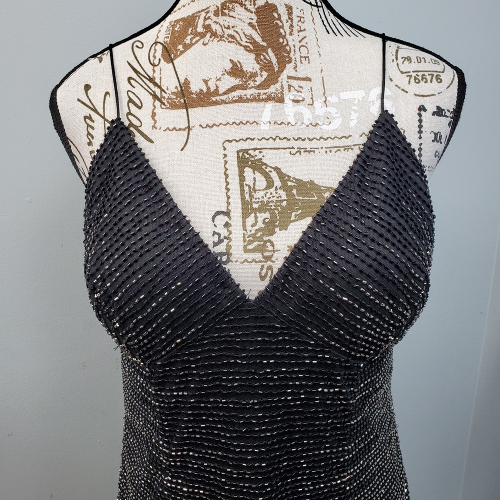Adrianna Papell Evening Cocktail Dress Womens 12 Black Beaded Spaghetti Straps - Picture 6 of 11